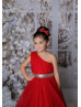 One Shoulder Red Tulle High Low Flower Girl Dress